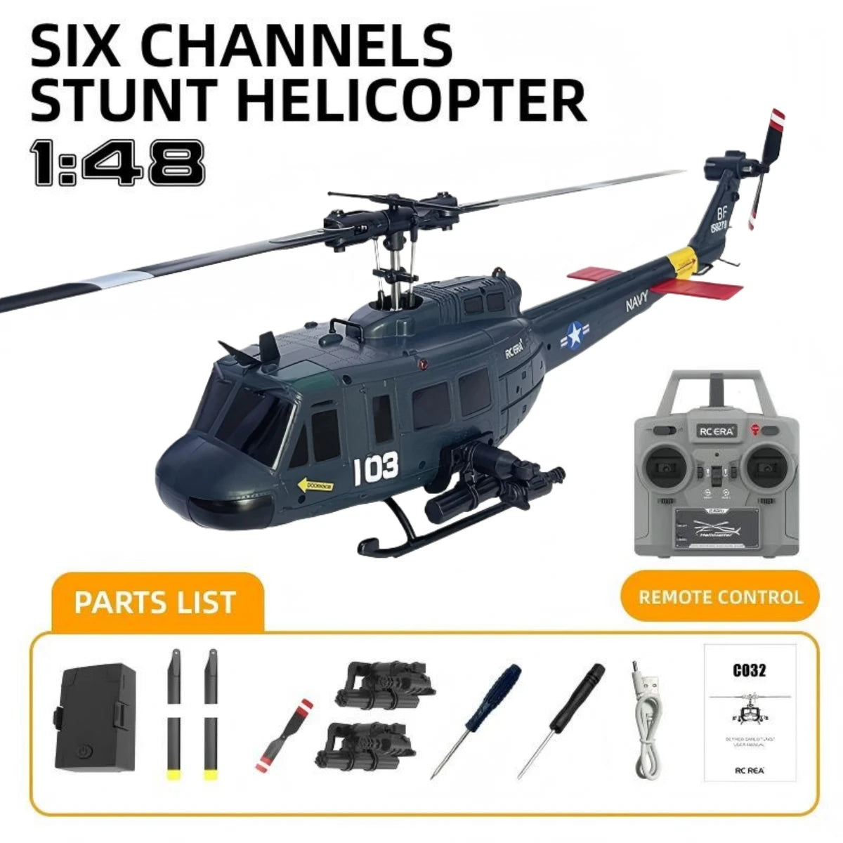 C032 UH-1 Brushless RTF RC Helicopter 6-Axis Gyroscope One Click 3D Flip Optical Flow Positioning UH1 Helicopter Model Hobby Toy