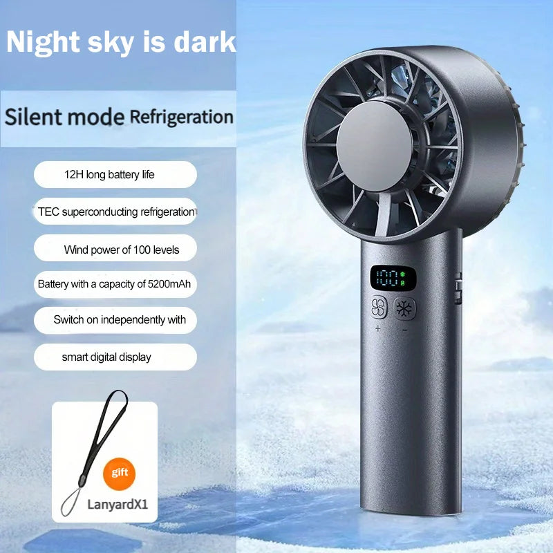 5200mAh Portable Mini Handheld Fan with LED Display Semiconductor Refrigeration 100 Speeds USB Rechargeable Battery Outdoor Fan