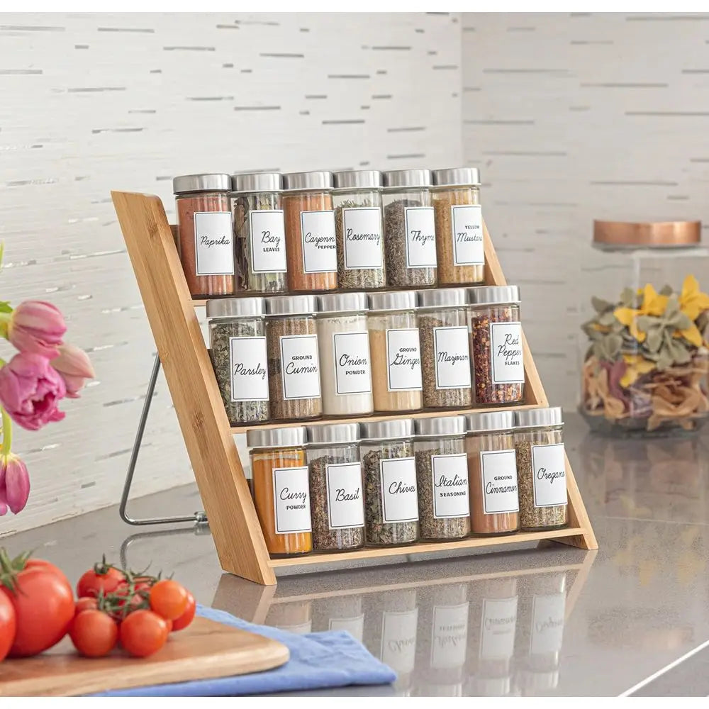 18 Jar Bamboo Compact Spice Rack with Spices Included & 5-Year Free Spice Refill Program Countertop or Kitchen Drawer with Glass