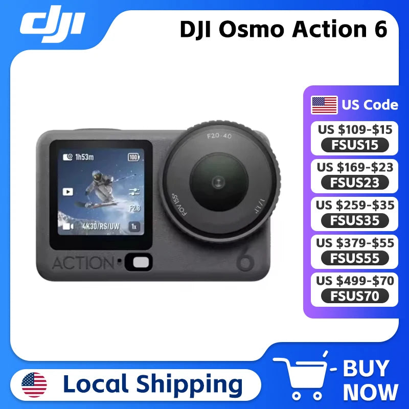 DJI Osmo Action 6 All-New 1/1.1-Inch Square Sensor Variable Aperture f/2.0-f/4.0 Cold-Resistant & 4-Hour Battery Life