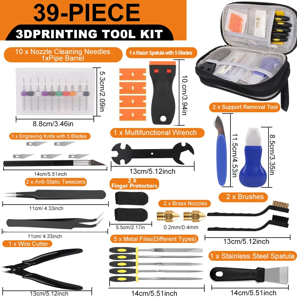 3D Printer Tool Kit 39PCS Maintenance with Nozzle Cleaning Tools, Scraper, Brushes, File Set, Cutter, Knife for FDM/SLA Printers