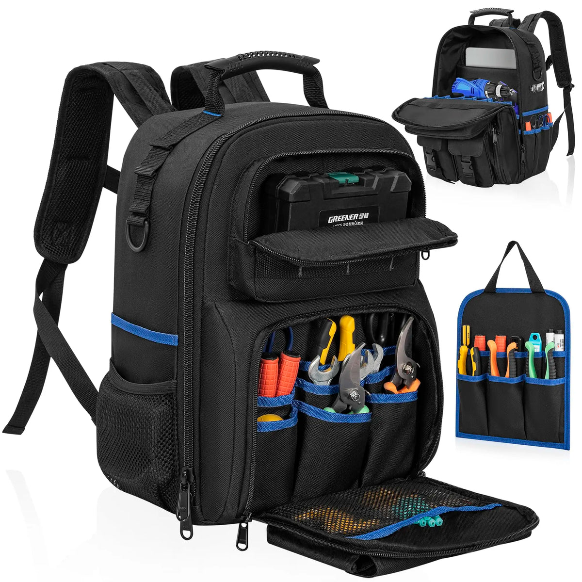 Heavy-Duty Zipper Tool Backpack with Premium YKK Zippers and Reinforced Stress Points.Crafted from Durable 900D Polyester with Padded Back Panel and Ergonomic Shoulder Straps.Internal Organizer Features 10 Tool Pouches and 6