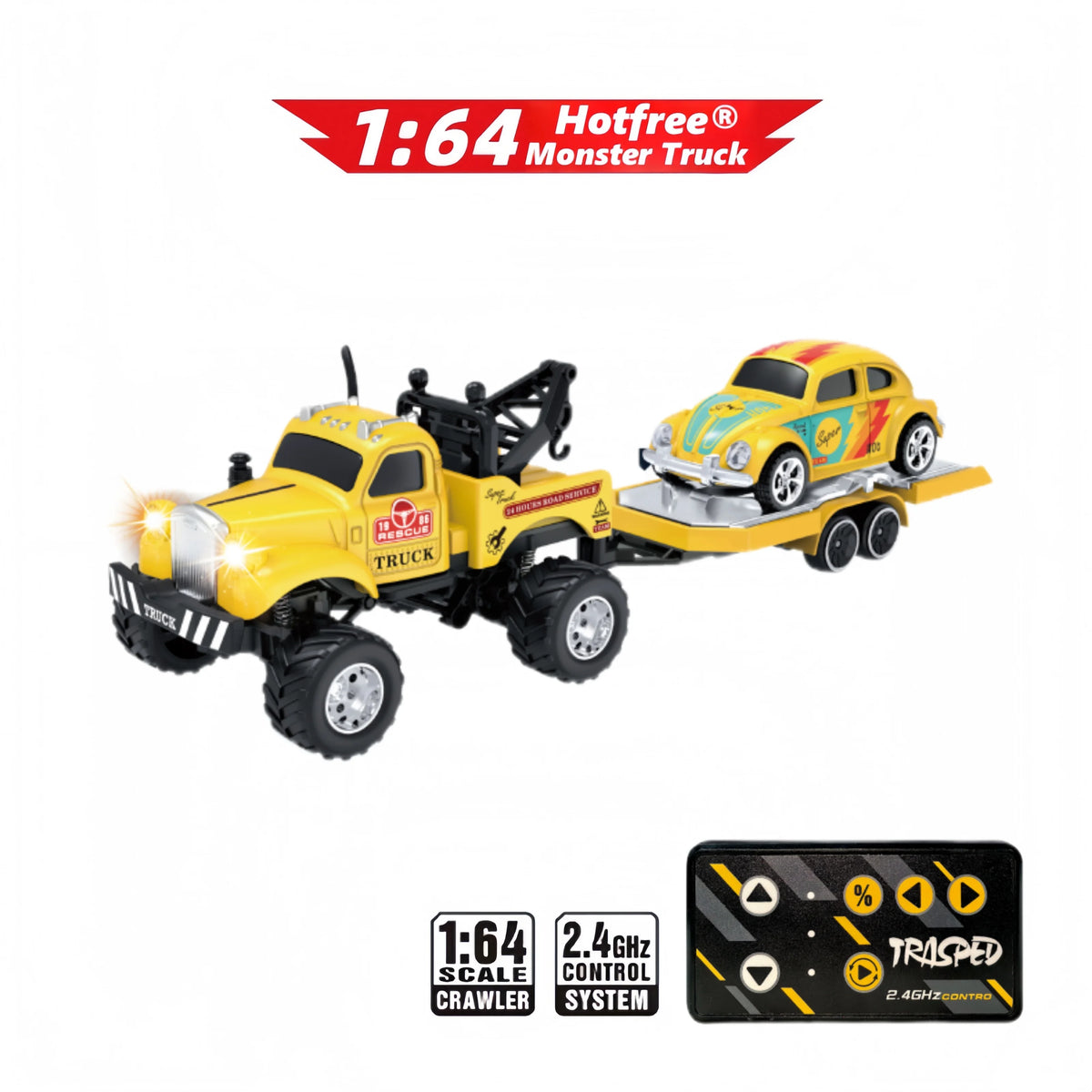 Hotfree 1/64 Mini RC Monster Truck, Metal Off-Road Stomper with Trailer, 2.4GHz Remote Control All-Terrain Vehicle, 3-Speed Adjustable, USB-C Rechargeable, Desktop Play, Indoor Outdoor Racing Toy, Fun Birthday Christmas Gift