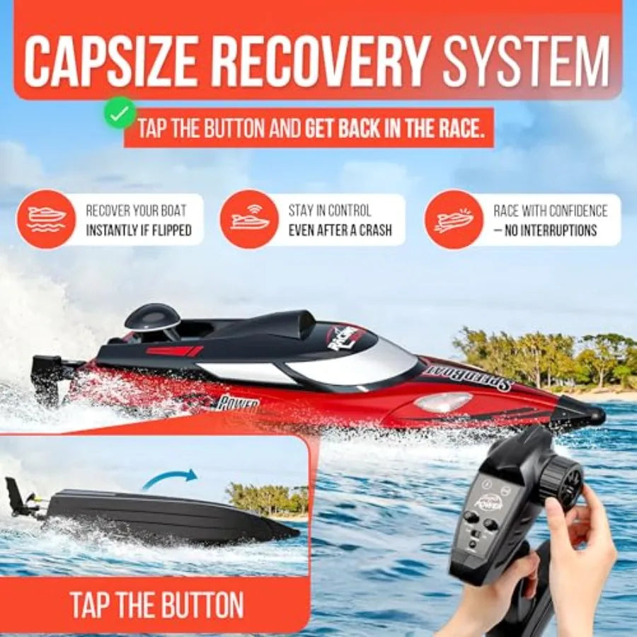 Remote Control Boat for Pool and Lake Use, ABS Plastic, Blue, 21+ MPH High Speed with Self-Righting Function, LED Lights, and T