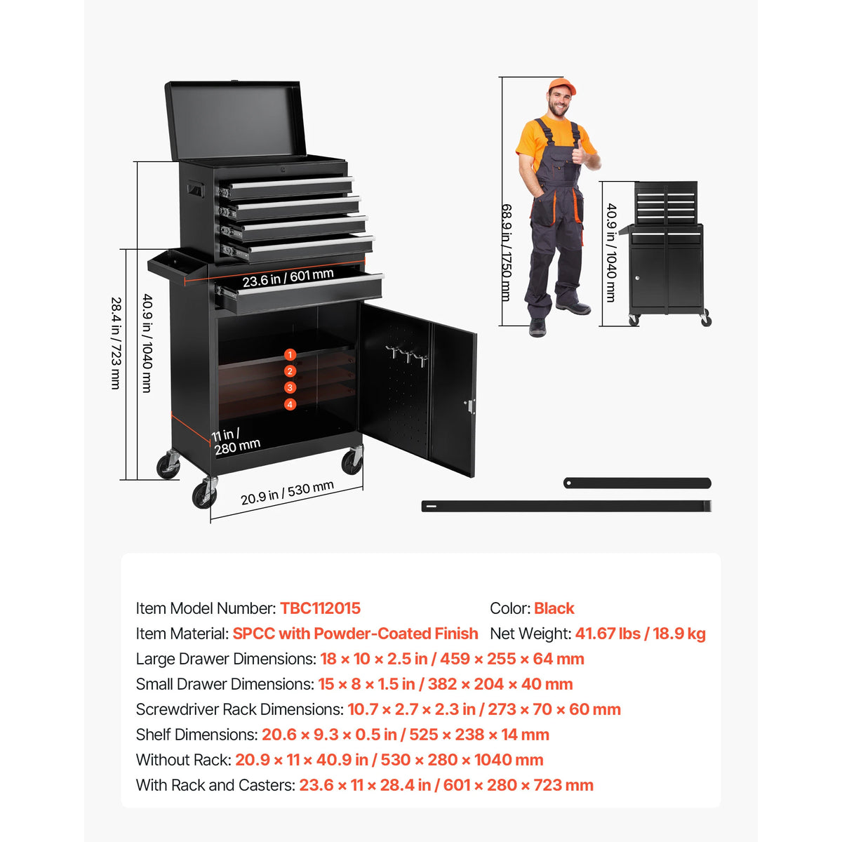 SucceBuy Rolling Tool Chest 5 Drawers Tool Cabinet Organizer with Detachable Top Metal Toolbox Lock Bar for Warehouse Workshop