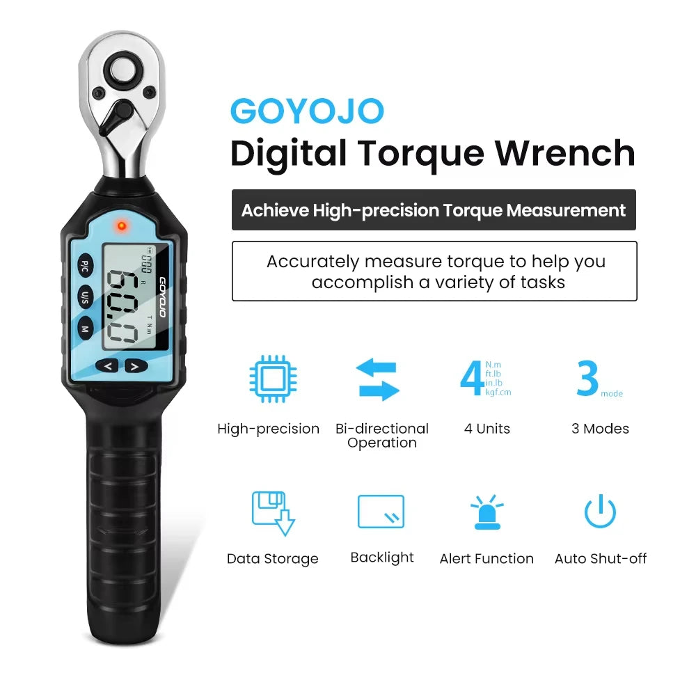 GOYOJO Digital Torque Wrench 1/4 3/8 1/2" Drive, Electric Torque Wrench ±2% Accuracy,Buzzer and LED Alert,Electric Display,Peak & Track, ft-lb, in-lb and N.m ,Automotive,Car, Moto,Spark Plug,Engine,Bike