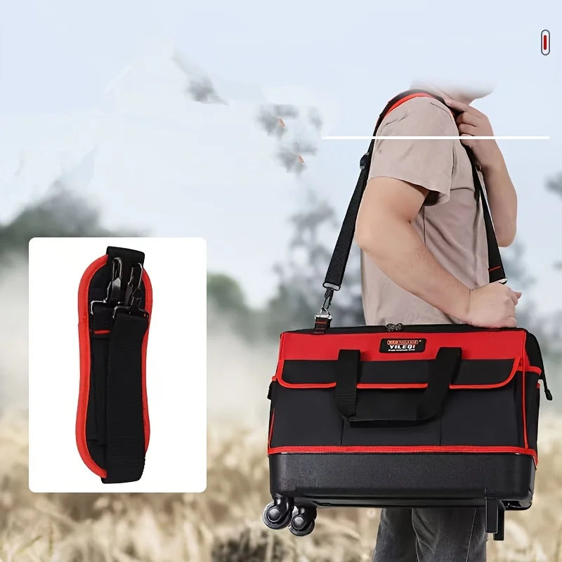 One-Piece Red and Green 20-Inch 51X46X 23cm Electrician's Tool Bag, Oxford Cloth Tool Box, Tool Pouch, Woodworking Storage Bag with Plastic Bottom, with Adjustable Shoulder Strap