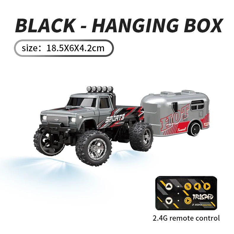 Hotfree 1/64 Mini RC Monster Truck, Metal Off-Road Stomper with Trailer, 2.4GHz Remote Control All-Terrain Vehicle, 3-Speed Adjustable, USB-C Rechargeable, Desktop Play, Indoor Outdoor Racing Toy, Fun Birthday Christmas Gift