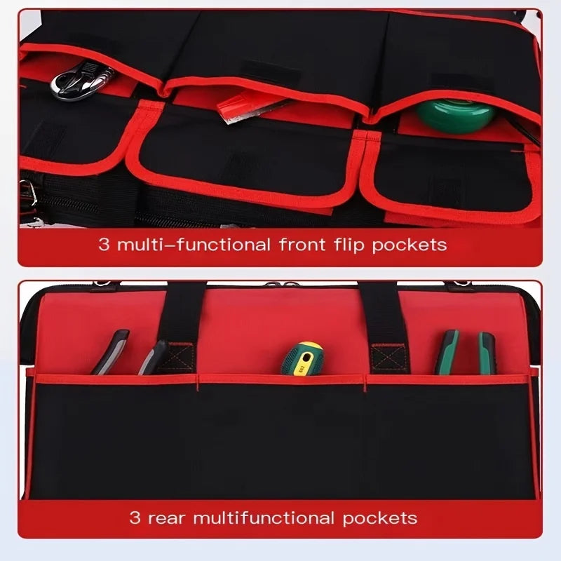 One-Piece Red and Green 20-Inch 51X46X 23cm Electrician's Tool Bag, Oxford Cloth Tool Box, Tool Pouch, Woodworking Storage Bag with Plastic Bottom, with Adjustable Shoulder Strap