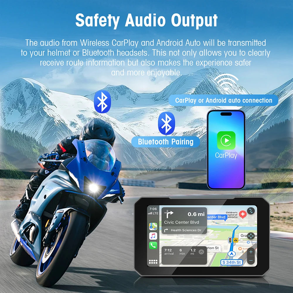 5-Inch Touch Screen Motorcycle CarPlay Screen Support Wireless CarPlay and Android Auto Waterproof
