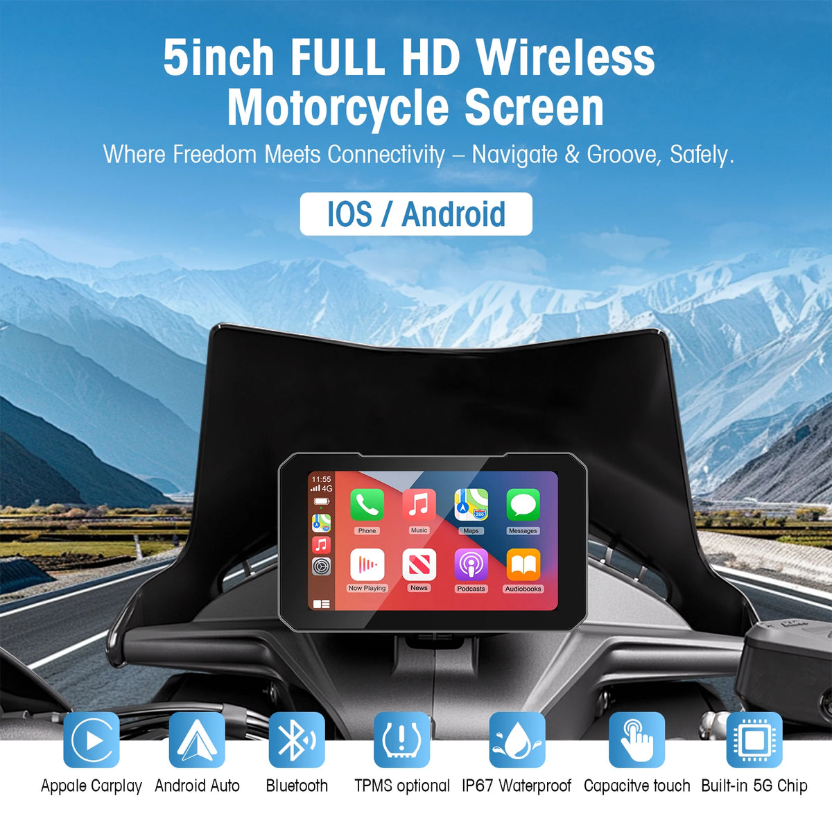 5 Inch Touch Screen Motorcycle CarPlay Screen Support Wireless CarPlay and Android Auto IP67 Waterproof