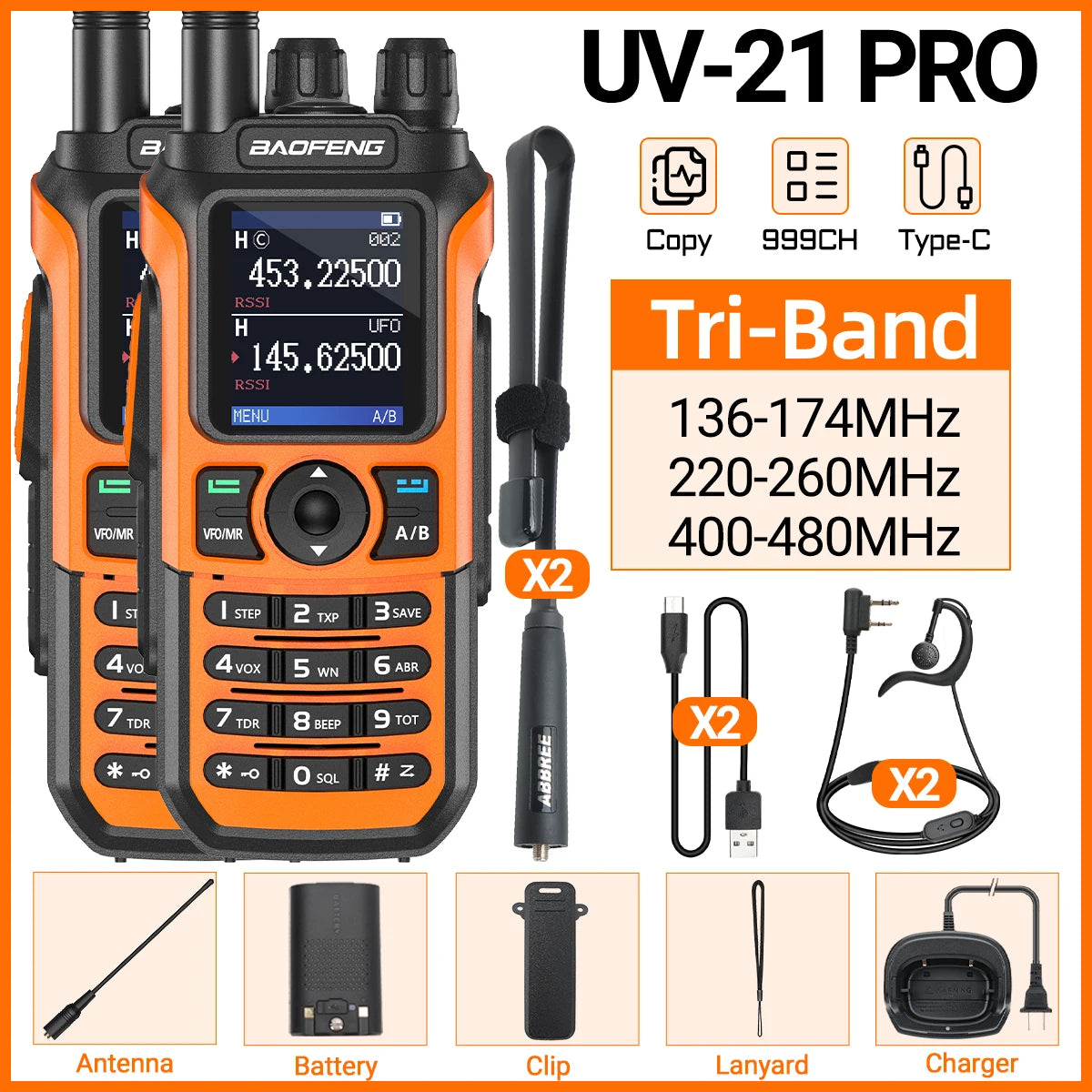 2x Baofeng UV-21 PRO Walkie Talkie Long Range Wireless Copy Frequency Type-C Charger Tri band Powerful Waterproof Two Way Radio