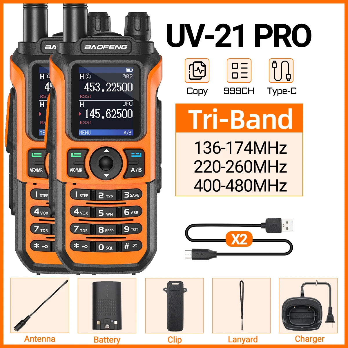 2x Baofeng UV-21 PRO Walkie Talkie Long Range Wireless Copy Frequency Type-C Charger Tri band Powerful Waterproof Two Way Radio