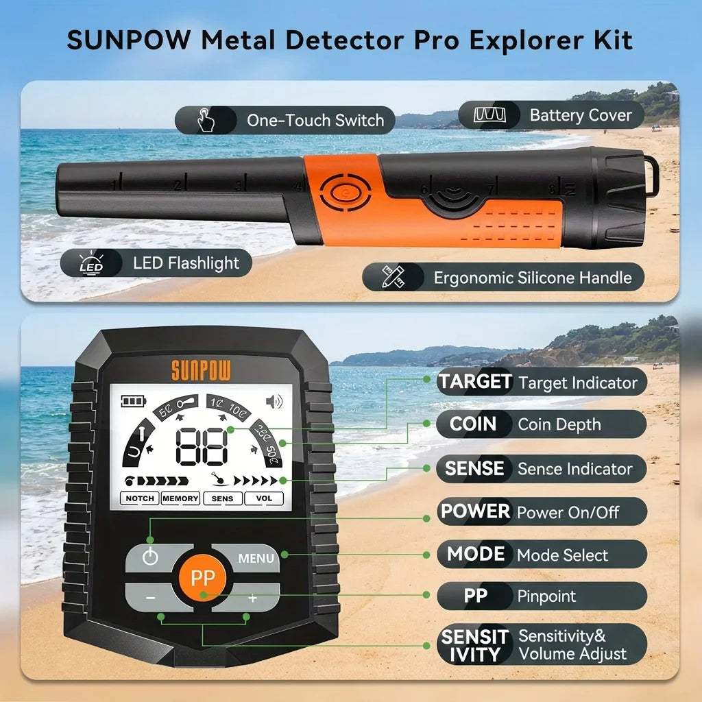 SUNPOW Metal Detector Kit with Pinpointer, 8"(20cm) IP68 Waterproof Coil High Accuracy, Lightweight LCD Display, Entry Level for Adults Kids, CE Certified Treasure Hunting