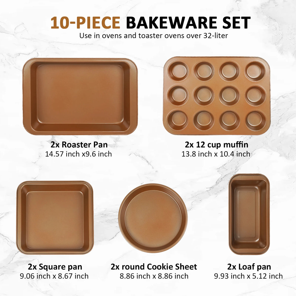KOOMADE 10Pcs Nonstick Carbon Steel Bakeware Set Copper Coated Baking Pans Cookie Sheet Muffin Loaf Round Square Roasting Tray Oven Safe Dishwasher Safe Kitchen Baking Utensils