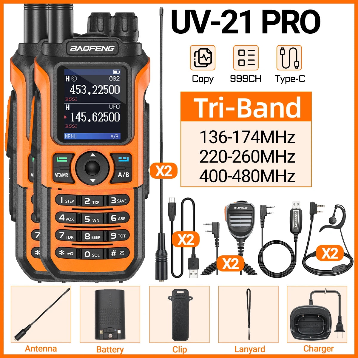 2x Baofeng UV-21 PRO Walkie Talkie Long Range Wireless Copy Frequency Type-C Charger Tri band Powerful Waterproof Two Way Radio