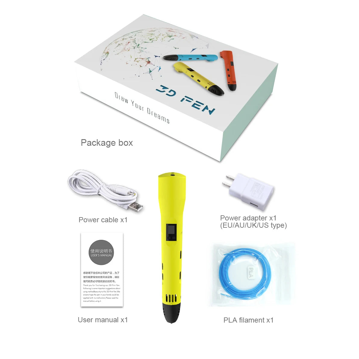 QCREATE 3D Pen Supports ABS PLA HIPS PVA 60-245 Degrees Celsius Range Temperature Adjustable LCD Display 8-Speed Regulation