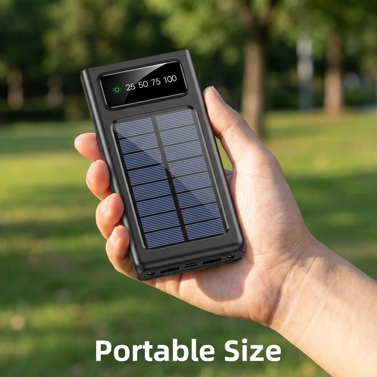 Solar Charger Power Bank Portable External Battery Waterproof USB Built In 3 Charging Cables Dual LED Flashlight Digital Display Multi Port Outdoor Camping Travel Emergency Phone Charger