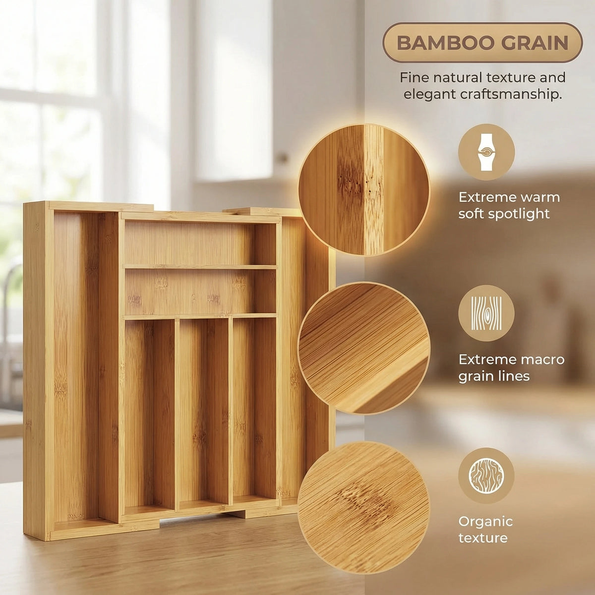 Bamboo Expandable Silverware Drawer Organizer, Adjustable Kitchen Utensil Tray for Forks, Spoons and Knives, Wood Storage Cutlery Holder for Bedroom and Living Room