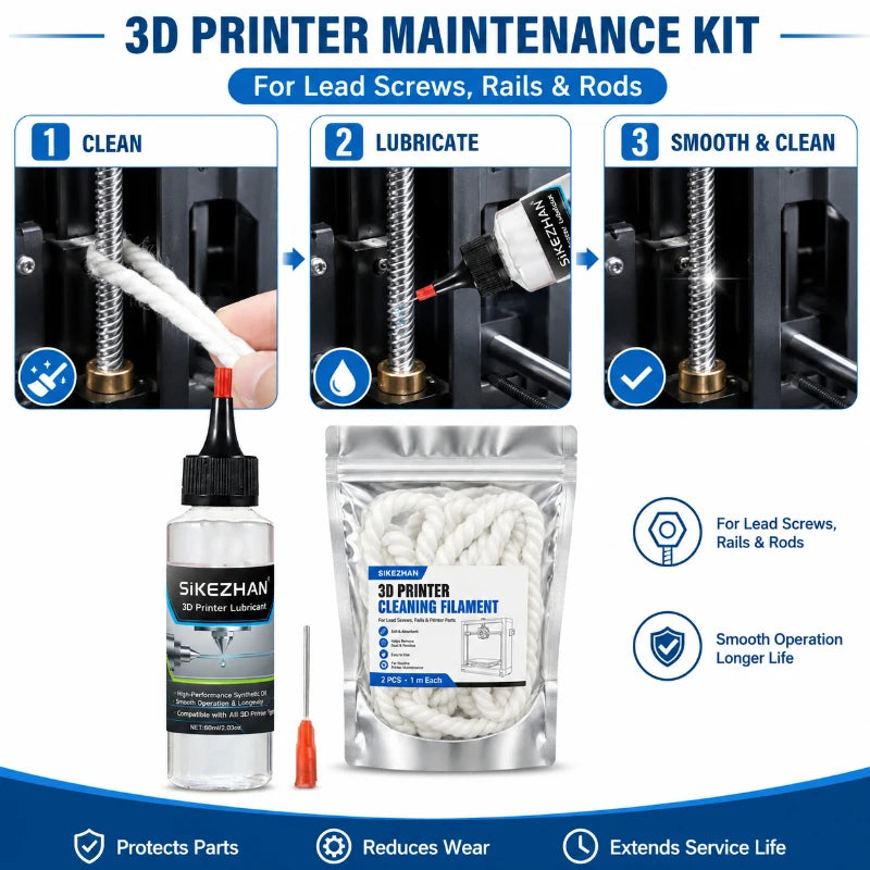 3D Printer Maintenance Kit,Lubricant Oil + Braided Cleaning Rope, Smooth Lubrication & Residue Removal for Rails Screws Nozzles