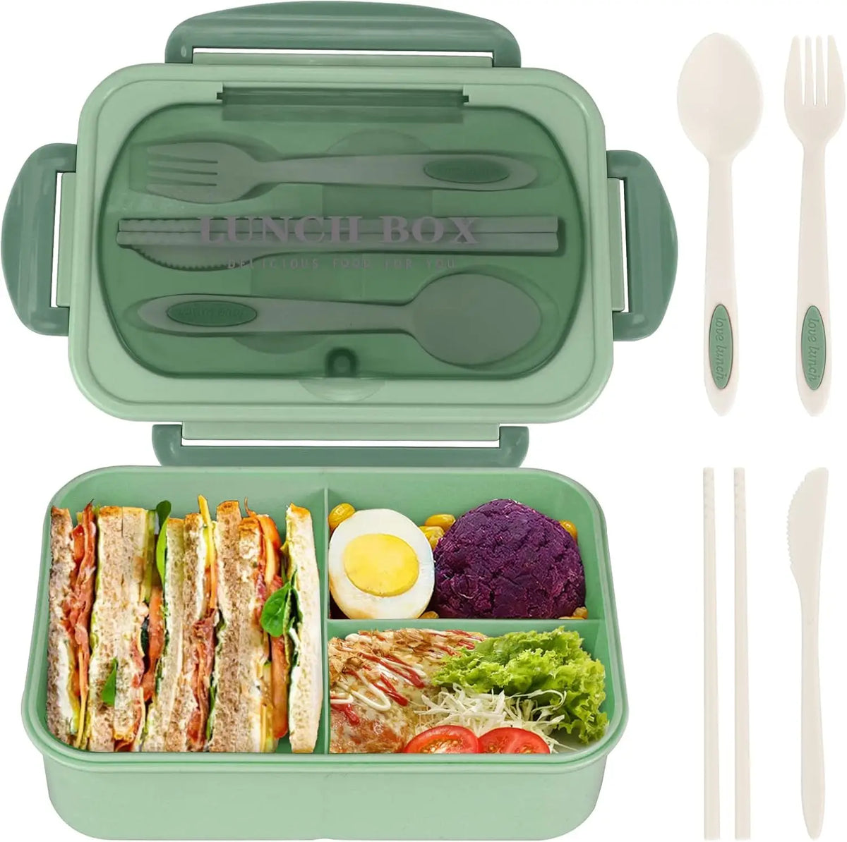 1200ML Bento Lunch Box For Adults Office Picnic, Leak-Resistant Container With Utensils, 3 Sections, Microwave-Safe ﻿