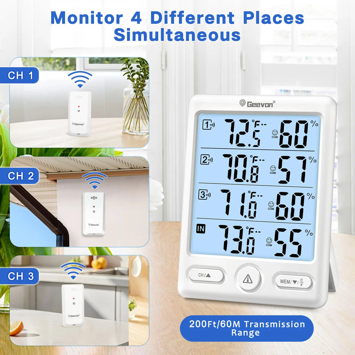 Geevon Indoor Outdoor Thermometer Wireless 3 Remote Sensors, 5-Inch Display Digital Hygrometer Thermometer Temperature Humidity
