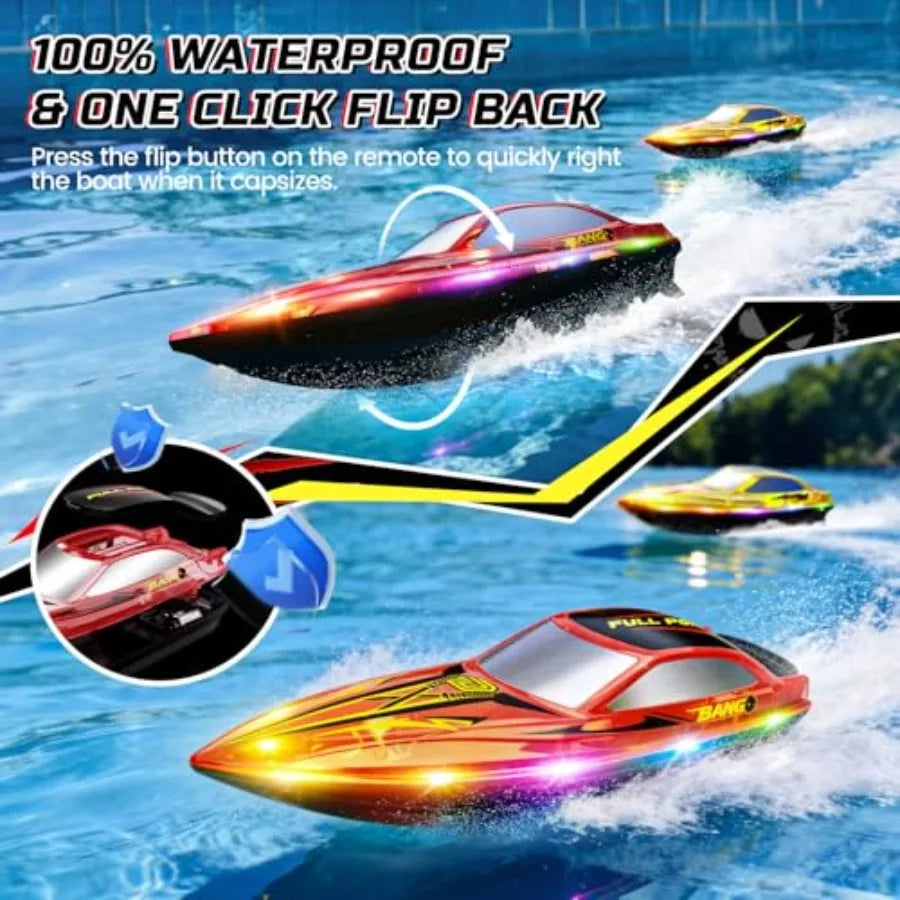 RC Boats for:ABS Plastic, Blue/Red, 2.4GHz Racing Control, 120 Min Runtime, Capsize Recovery, 7 LED Lights, Pool Lake Use