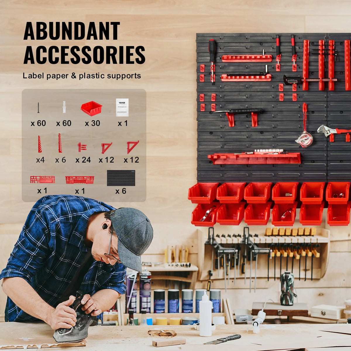 SucceBuy 30Bin Wall Mounted Storage Bins Parts Rack Organizer Garage with Wall Panels Hooks Plastic Shop Tool for Screw Nails