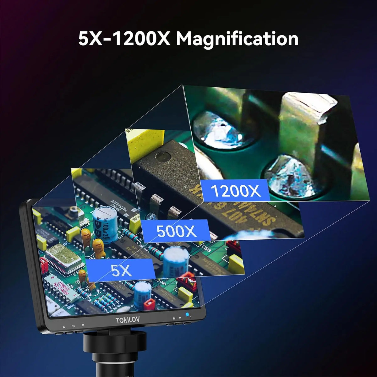 TOMLOV 7" Electronic Solding Microscope 1200X Zoom Digital Microscope DM9 12MP HD Coin Microscope Camere Phone Repair Magnifier Tool