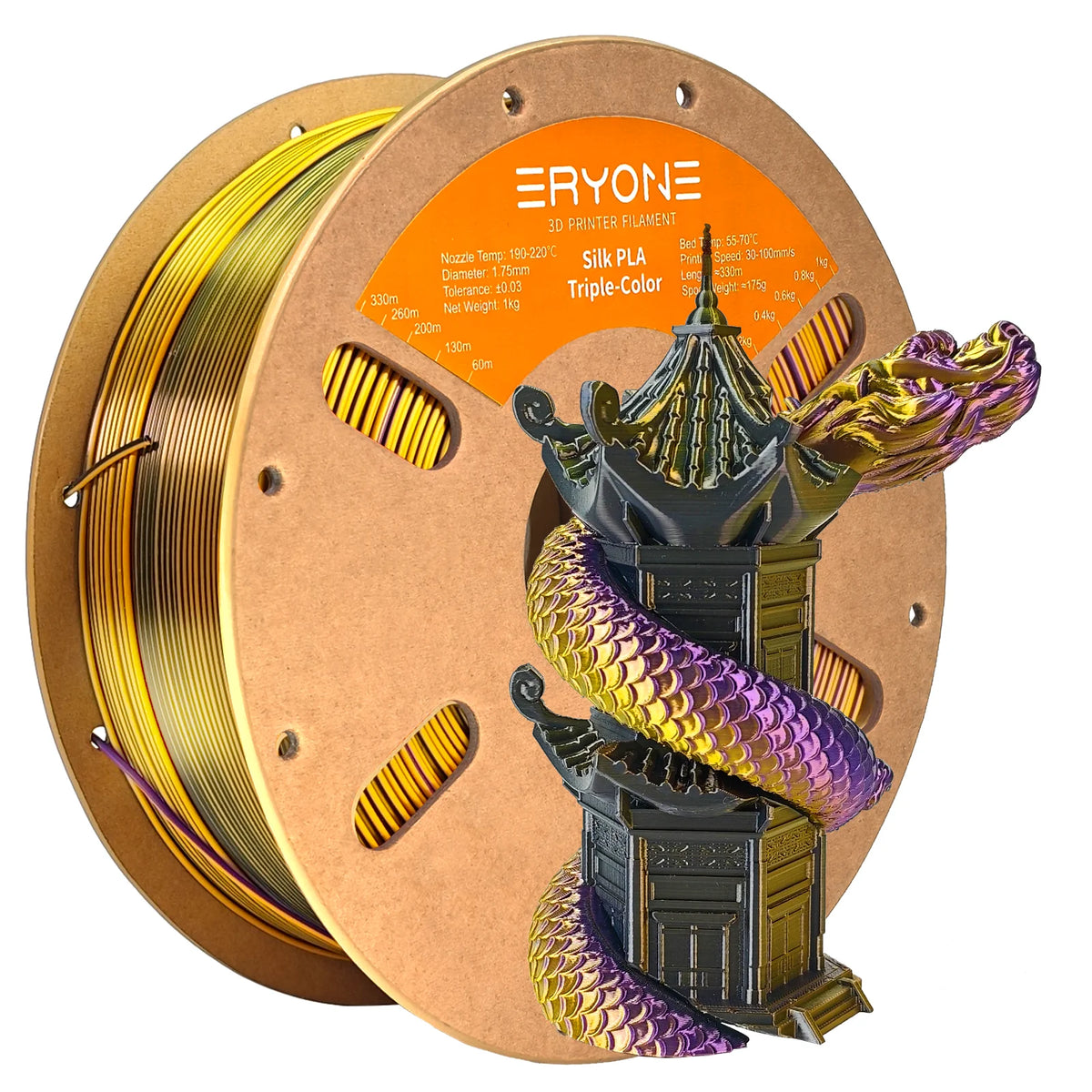 ERYONE 1KG Silk Triple Color Series PLA 3D Printer Filament 1.75mm, Tri-Color Coextrusion Silky Shiny Finish, 1kg Spool
