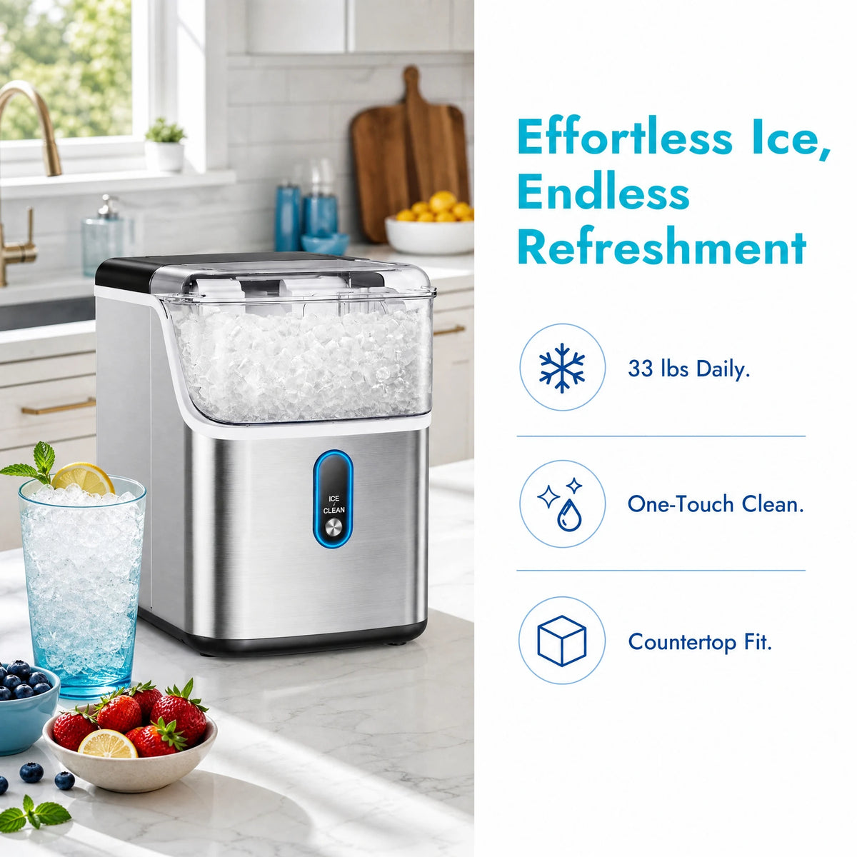 Nugget Ice Maker Countertop, Pebble Ice Maker with Soft Chewable Pellet Ice, 33 lbs per Day, Compact Ice Machine with Self-Cleaning & LED Indicator for Home, Kitchen, Camping, RV, Office