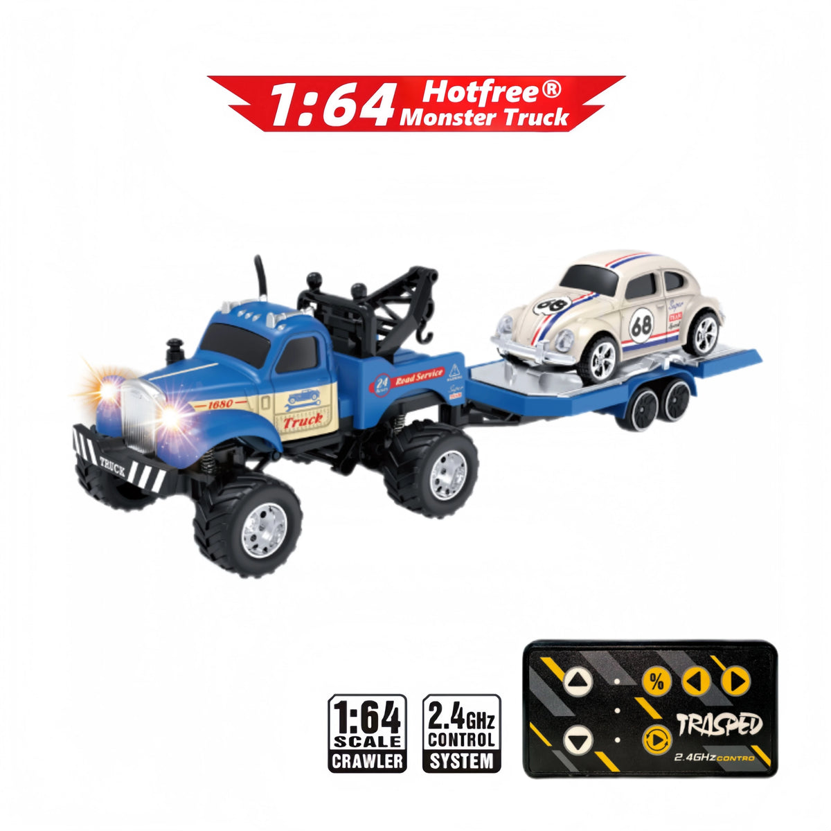 Hotfree 1/64 Mini RC Monster Truck, Metal Off-Road Stomper with Trailer, 2.4GHz Remote Control All-Terrain Vehicle, 3-Speed Adjustable, USB-C Rechargeable, Desktop Play, Indoor Outdoor Racing Toy, Fun Birthday Christmas Gift