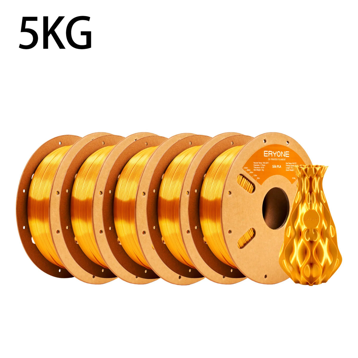 ERYONE 5kg Silk PLA Filament for 3D Printer 1.75mm +/- 0.03mm, Shiny Filament 1kg (2.1lbs)/Spool, Liquid Gold Compatible with Most 3D Printers