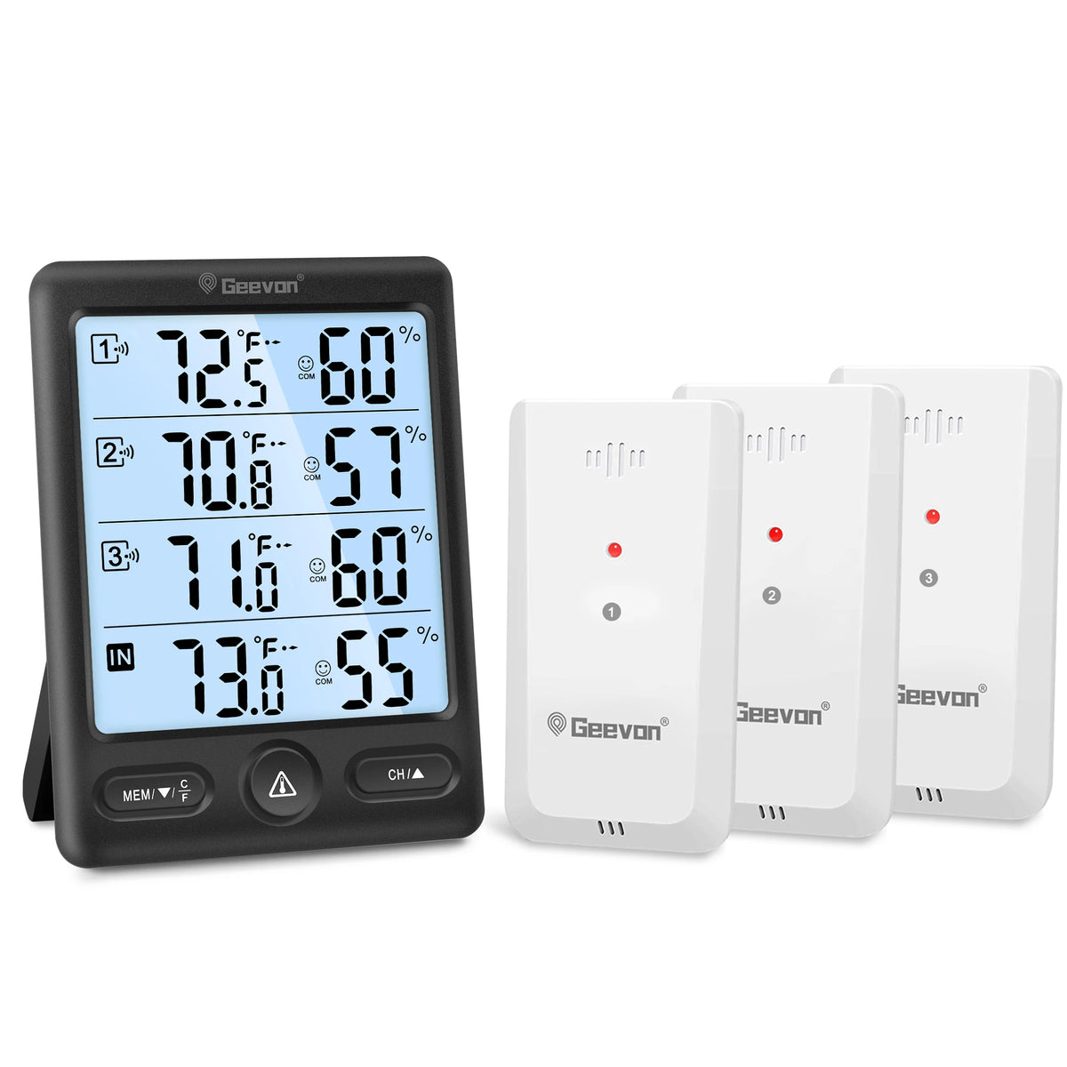 Geevon Indoor Outdoor Thermometer Wireless 3 Remote Sensors, 5-Inch Display Digital Hygrometer Thermometer Temperature Humidity
