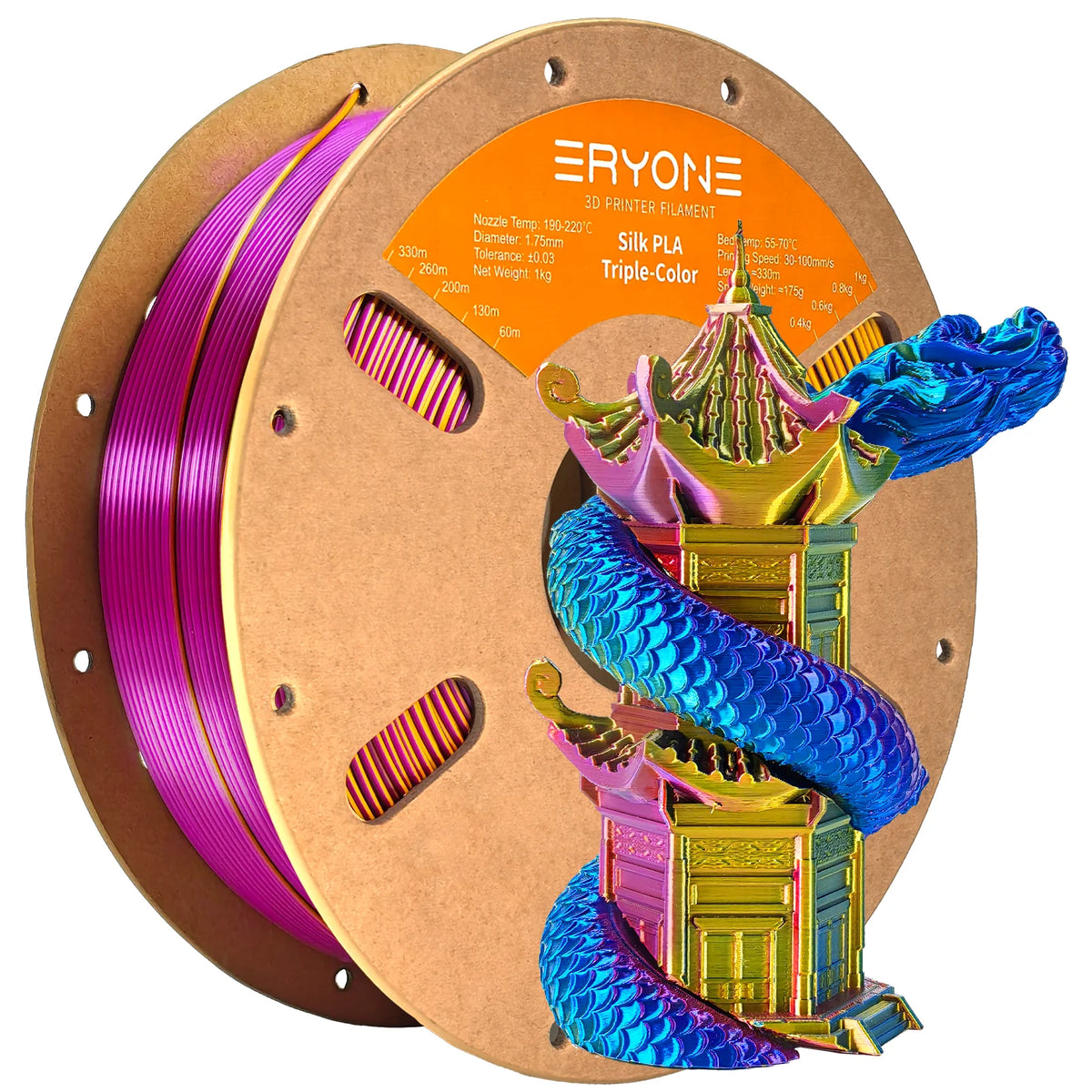 ERYONE 1KG Silk Triple Color Series PLA 3D Printer Filament 1.75mm, Tri-Color Coextrusion Silky Shiny Finish, 1kg Spool