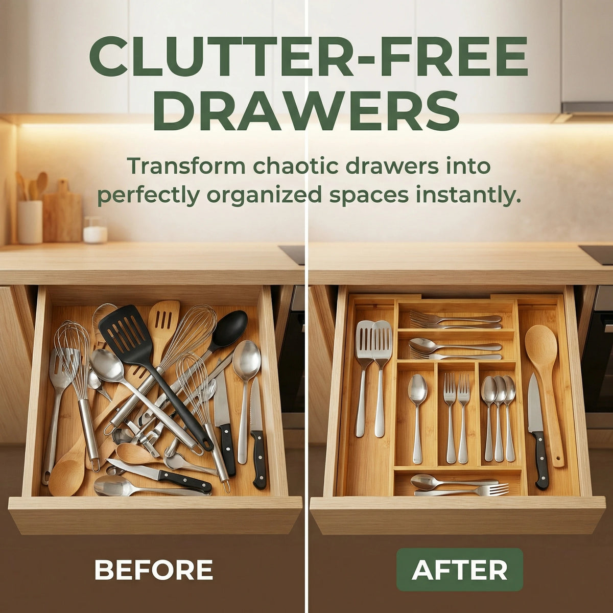 Bamboo Expandable Silverware Drawer Organizer, Adjustable Kitchen Utensil Tray for Forks, Spoons and Knives, Wood Storage Cutlery Holder for Bedroom and Living Room