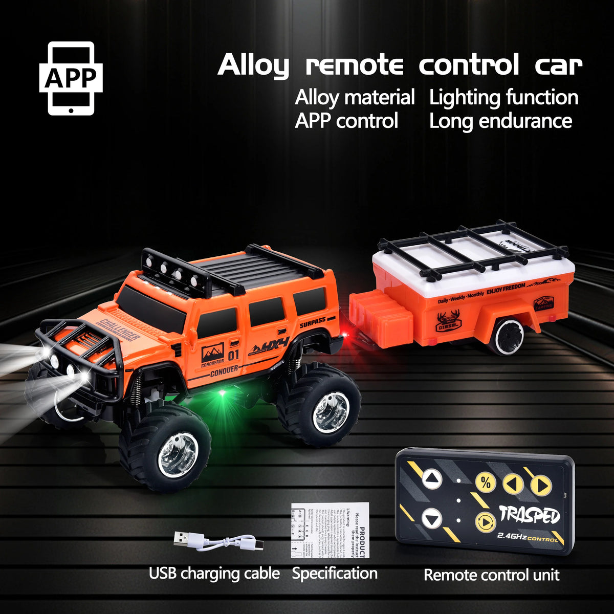 Hotfree 1/64 Mini RC Monster Truck, Metal Off-Road Stomper with Trailer, 2.4GHz Remote Control All-Terrain Vehicle, 3-Speed Adjustable, USB-C Rechargeable, Desktop Play, Indoor Outdoor Racing Toy, Fun Birthday Christmas Gift