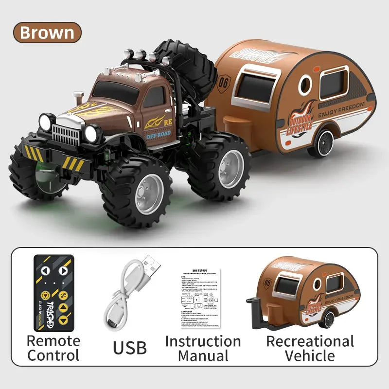 Hotfree 1/64 Mini RC Monster Truck, Metal Off-Road Stomper with Trailer, 2.4GHz Remote Control All-Terrain Vehicle, 3-Speed Adjustable, USB-C Rechargeable, Desktop Play, Indoor Outdoor Racing Toy, Fun Birthday Christmas Gift