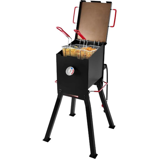 DF02B Outdoor Propane Deep Fryer Black | 17 Qt. Oil Capacity with 2 Frying Baskets, Lid & Thermometer, 54,000 BTU Output,
