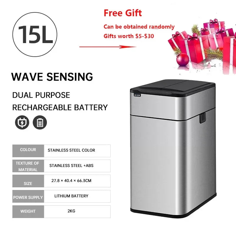 9/15/20/30/40/50/60L Garbage Bin Large-capacity Stainless Steel Smart Sensor Trash Can Automatic Waste Bins Kitchen Trash Can