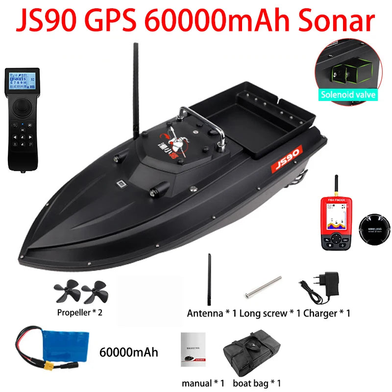 JS90 12V GPS Bait Boat 280m/1 Minute 100 Fishing Spots Load 3KG Automatic Cruise Return 3-speed Adjustment Night Fishing Boat