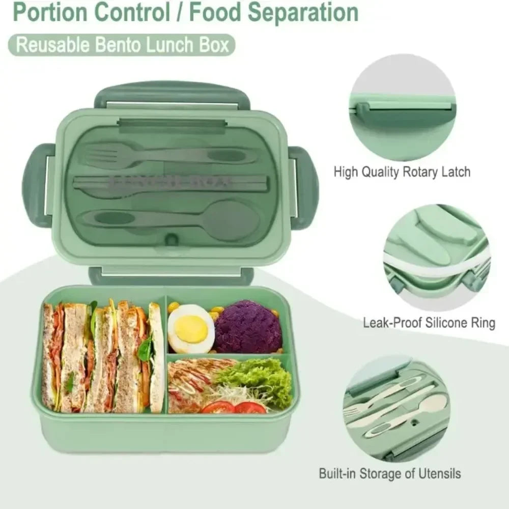 1200ML Bento Lunch Box For Adults Office Picnic, Leak-Resistant Container With Utensils, 3 Sections, Microwave-Safe ﻿