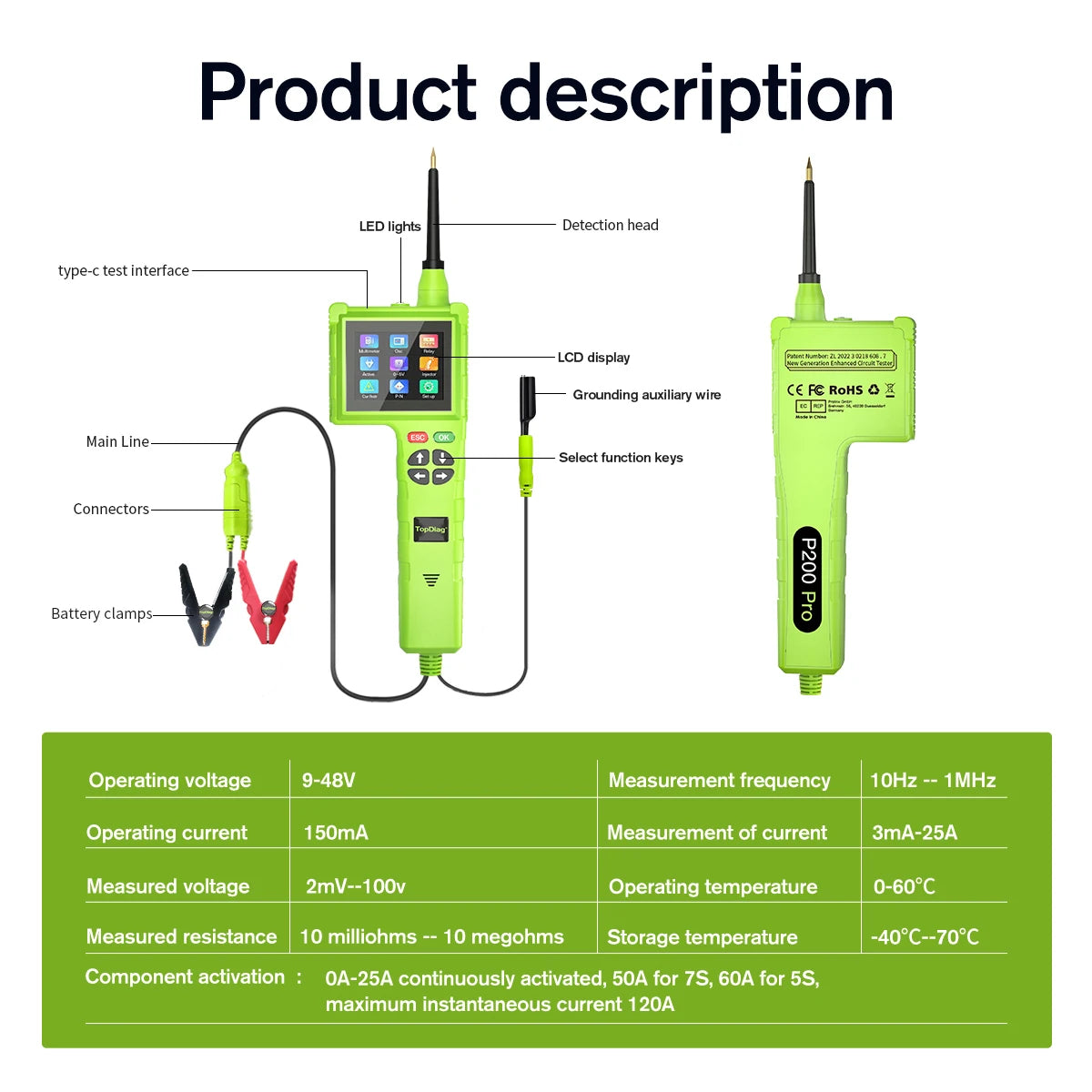 Topdiag P200 Pro Circuit System Tester 9V-48V Power Circuit Probe Kit Vehicle Leakage Detection Oscilloscope Diagnostic Tool
