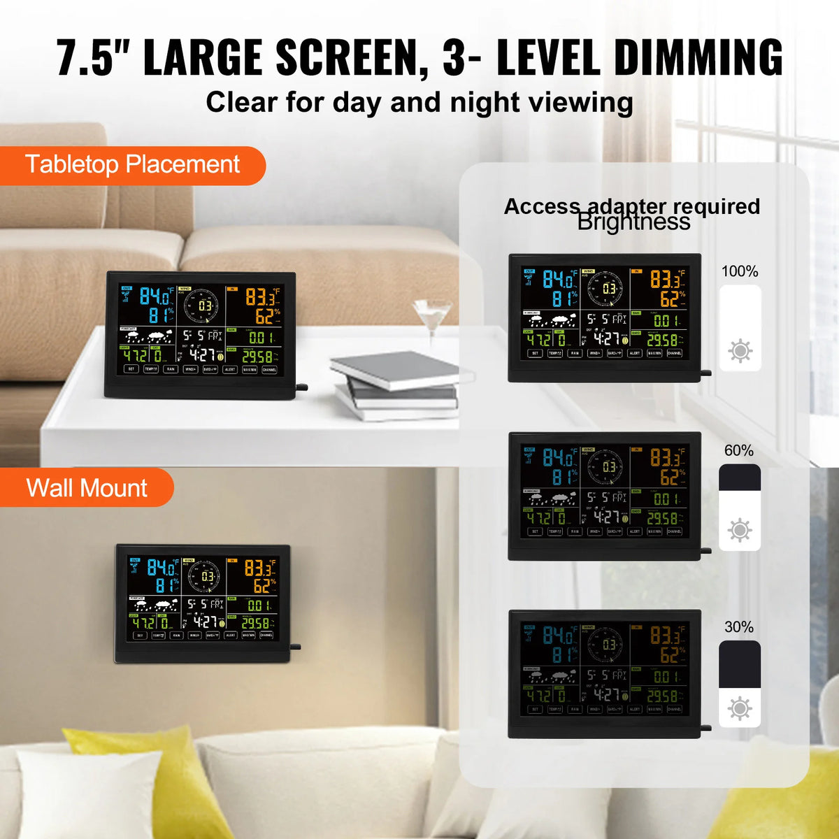 SucceBuy 7-in-1 Wireless Weather Station Home Weather Station 7.5in Large Color Display Digital for Forecast Data Alerts No-Wifi