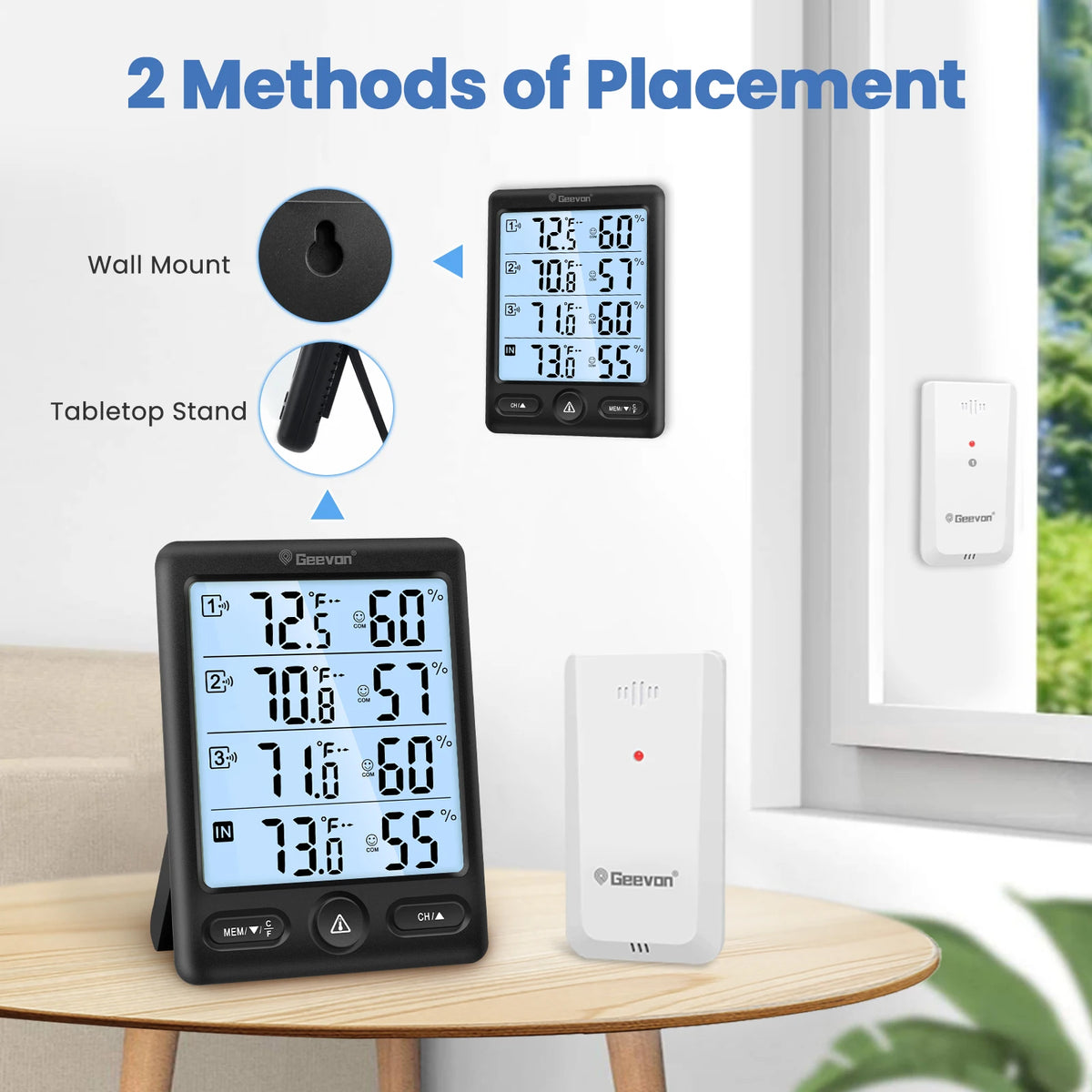 Geevon Indoor Outdoor Thermometer Wireless 3 Remote Sensors, 5-Inch Display Digital Hygrometer Thermometer Temperature Humidity