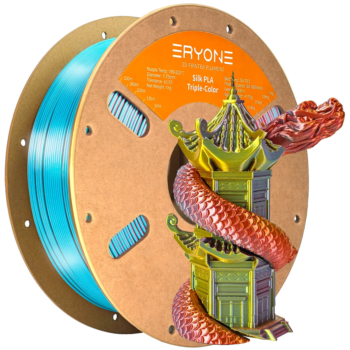 ERYONE 1KG Silk Triple Color Series PLA 3D Printer Filament 1.75mm, Tri-Color Coextrusion Silky Shiny Finish, 1kg Spool