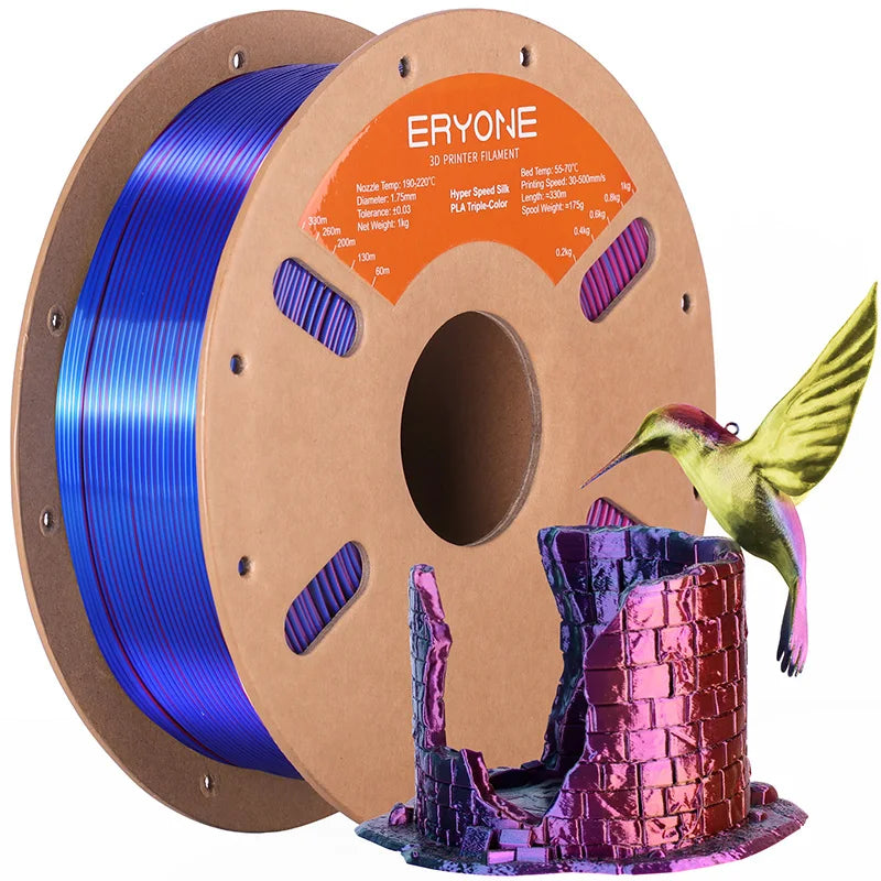 ERYONE 1KG Silk Triple Color Series PLA 3D Printer Filament 1.75mm, Tri-Color Coextrusion Silky Shiny Finish, 1kg Spool