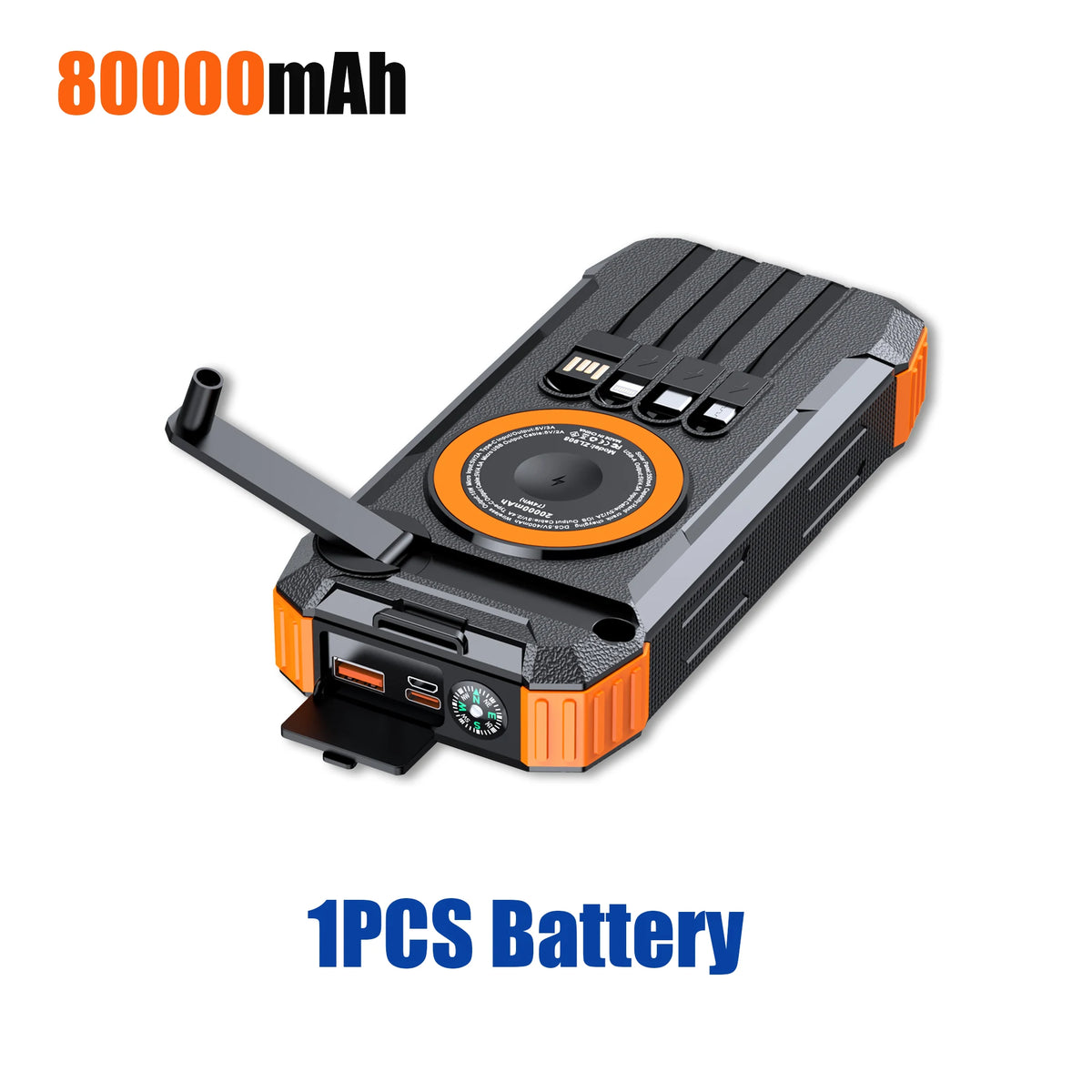 2026 NEW Solar Power Bank 80000mAh 22.5W Magnetic Wireless Powerbank Hand Crank with Cable Portable Charger for Outdoor Camping
