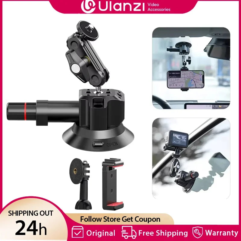 Ulanzi Car Phone Action Camera Holder Hand Pump Suction Cup 360° Adjustable 1/4" for GoPro for Insta360 DJI Action Smart Phone