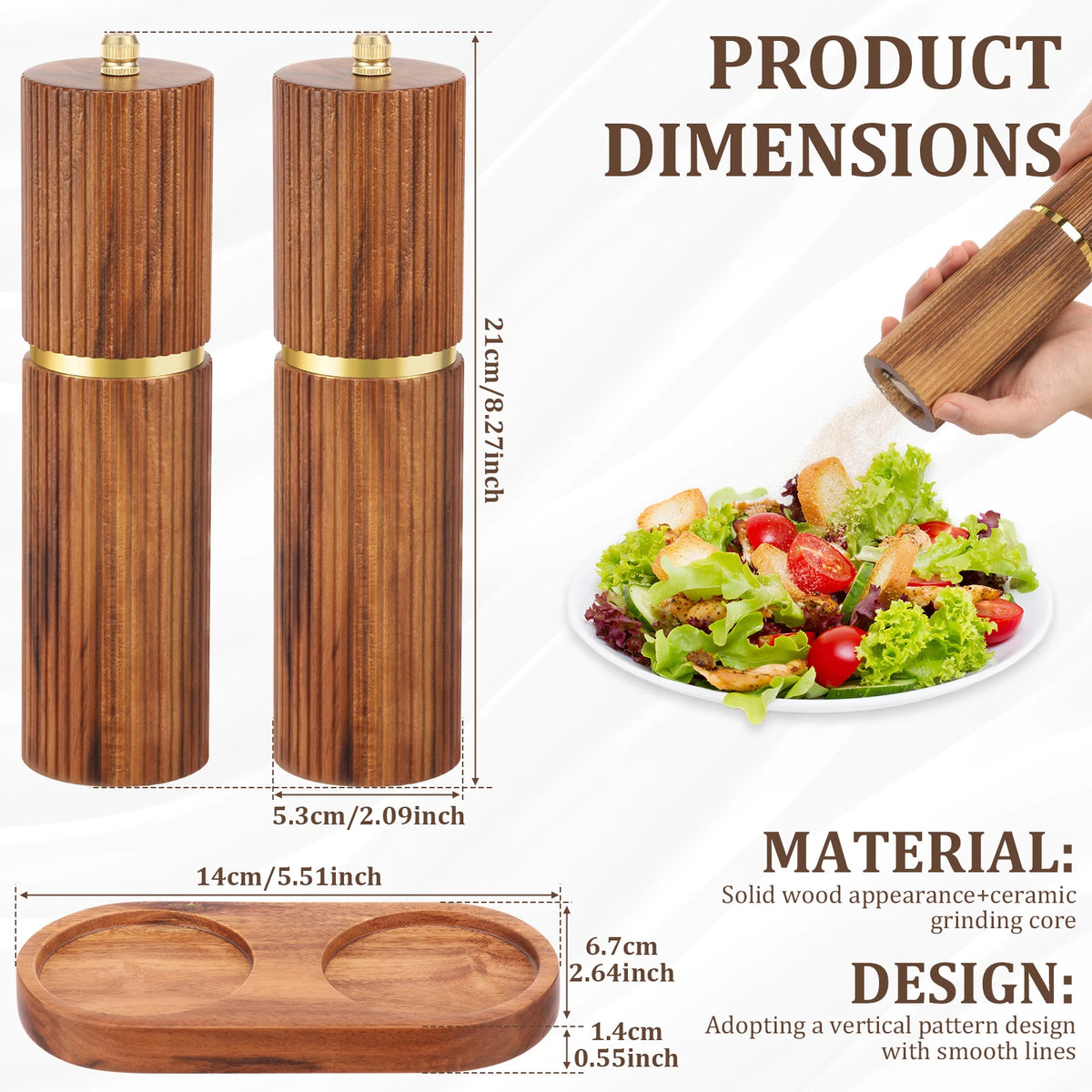 Salt and Pepper Grinder Set Wooden Manual Salt Pepper Grinder with Tray Adjustable Coarseness Pepper Mill Set for Kitchen Gadget